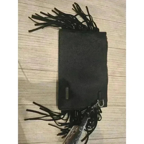 Montana West "Hot Mama" Black Leather Wristlet Bag Floral Fringe Studs - Picture 8 of 8